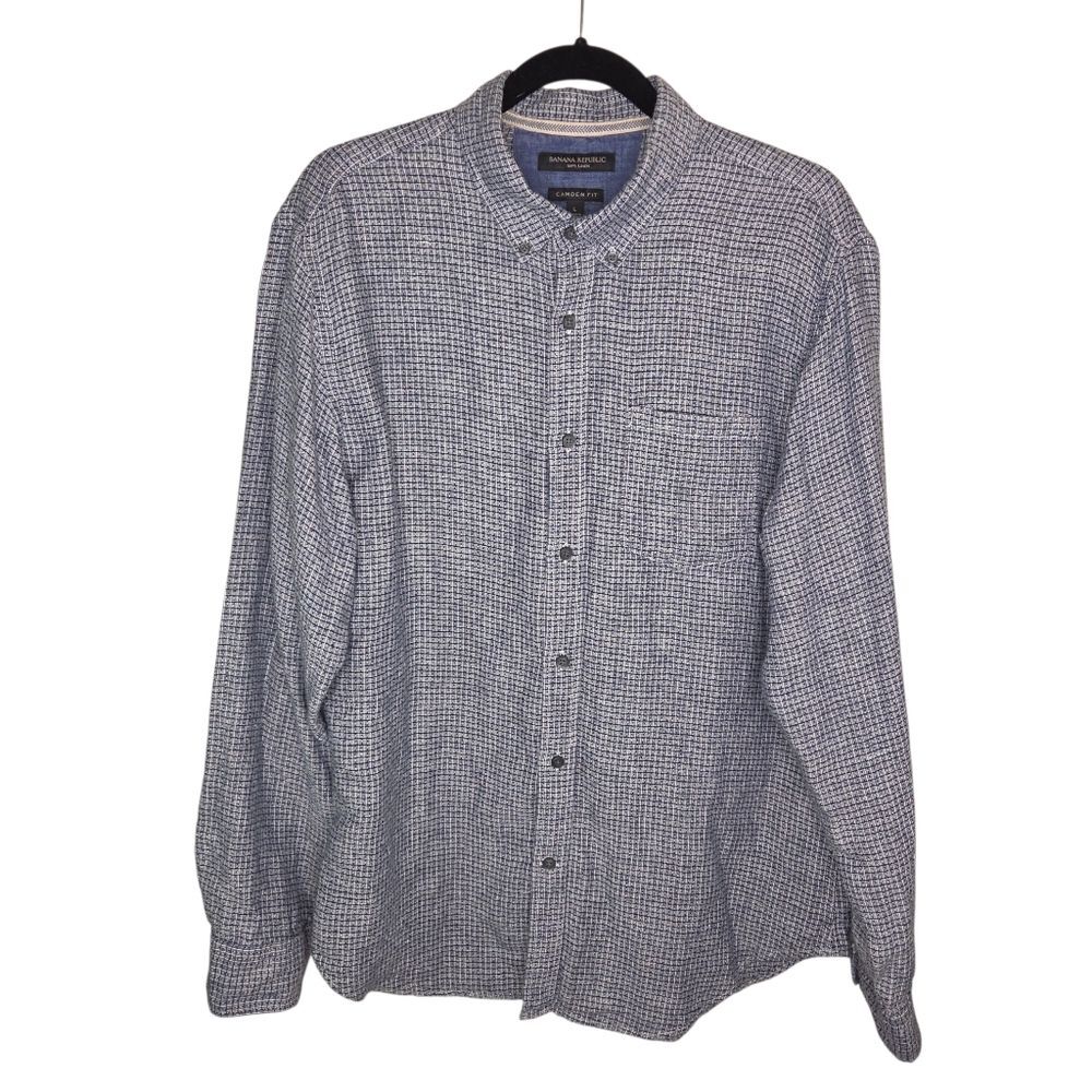 Banana Republic Men's Size L Blue Linen Camden Fit Casual Long Sleeve Shirt Top